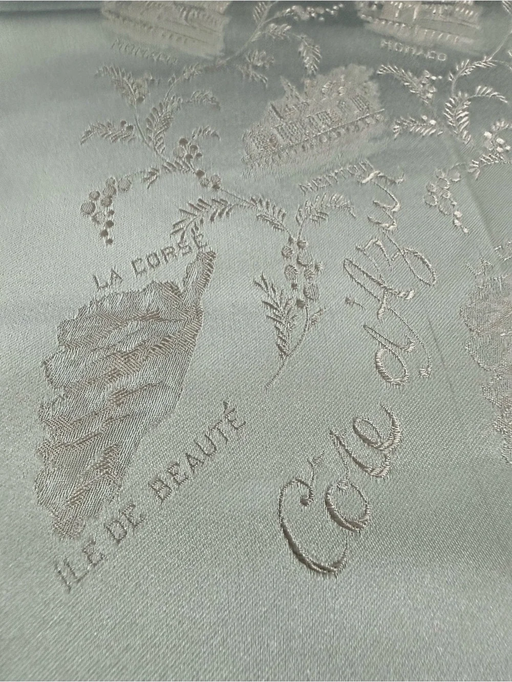 Vintage Cote de A'zur France French Blue scarf -Script, buildings- 12x46